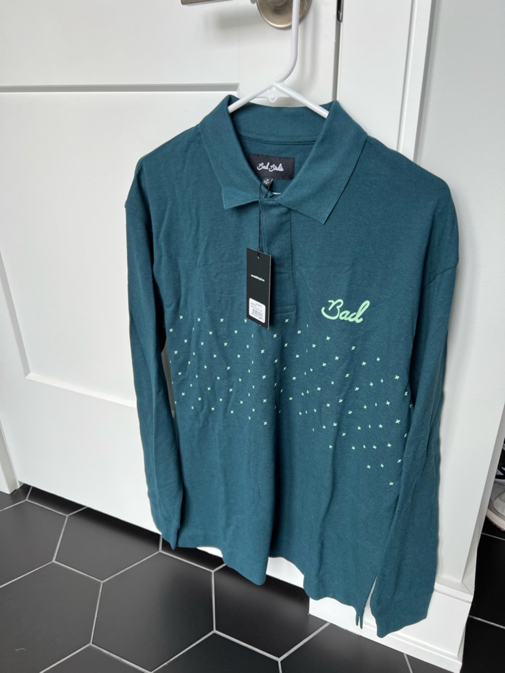 Bad Birdie green Long-Sleeve Polo with Neon Green Dot Detail